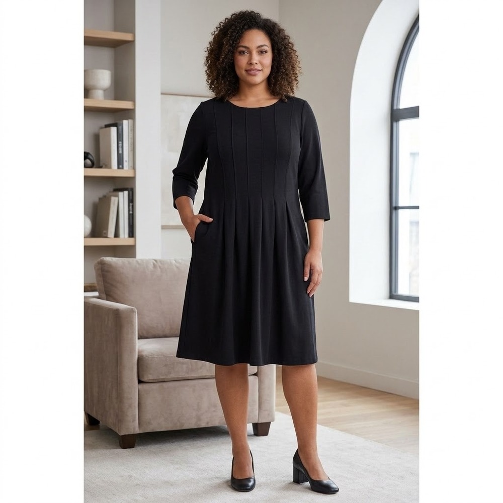 Sandra Darren Black Pleated Fit and Flare Dress Size 22W 3/4 Sleeve Minimalist